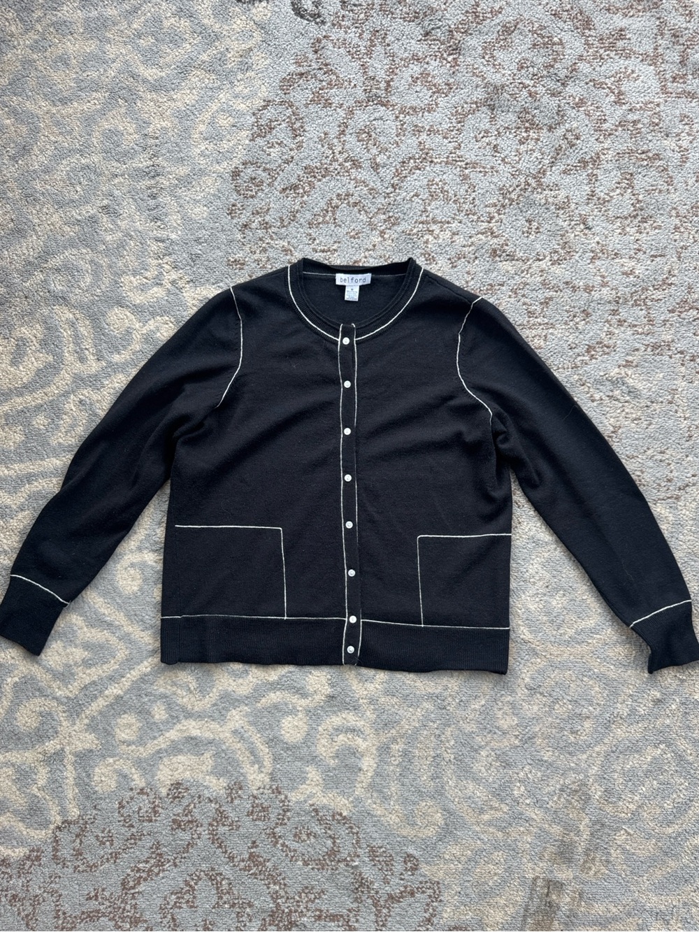 Belford 100% Extrafine Merino Wool Contrast Trim Cardigan Sweater Black Medium
